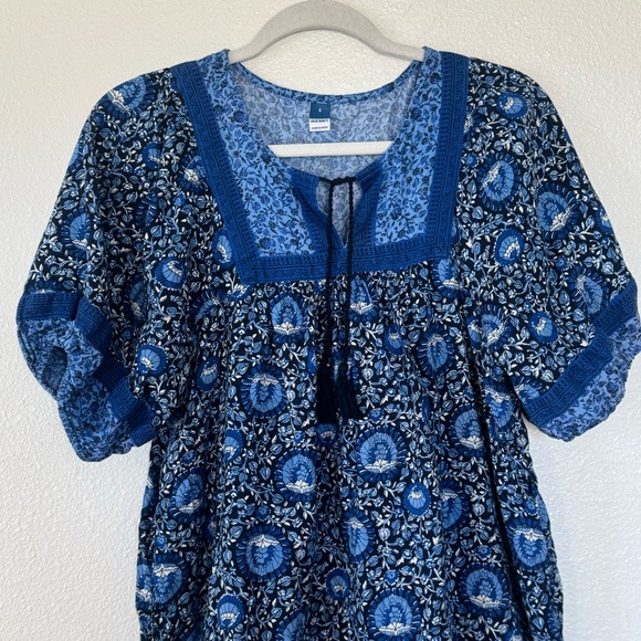 Old Navy Puff Sleeve Peacock Swing Mini Dress Blue Printed Cotton Cottagecore S - Picture 3 of 10
